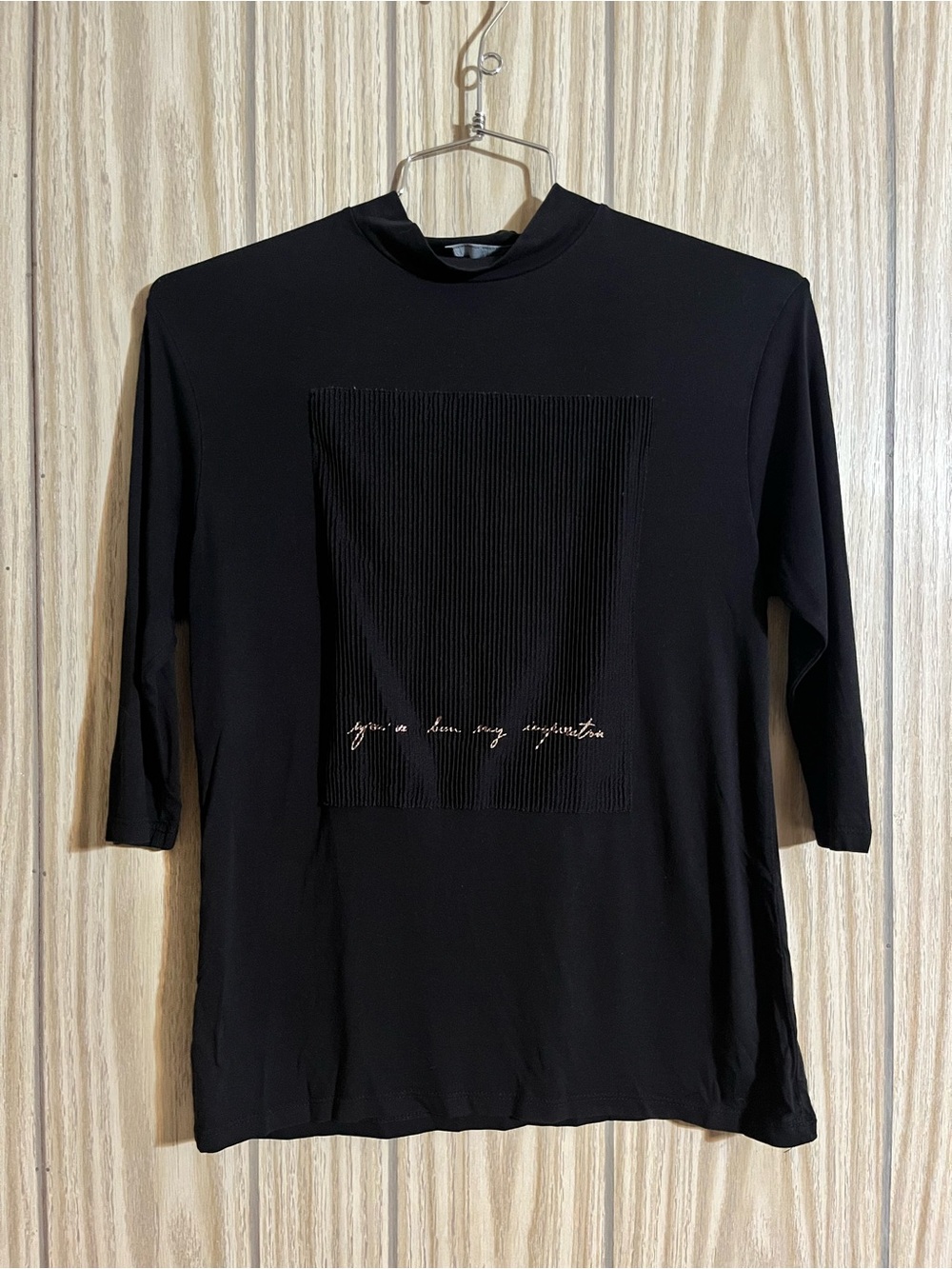 Zara Black Mock Neck 3/4 Sleeve Pleated Embroidered Top M